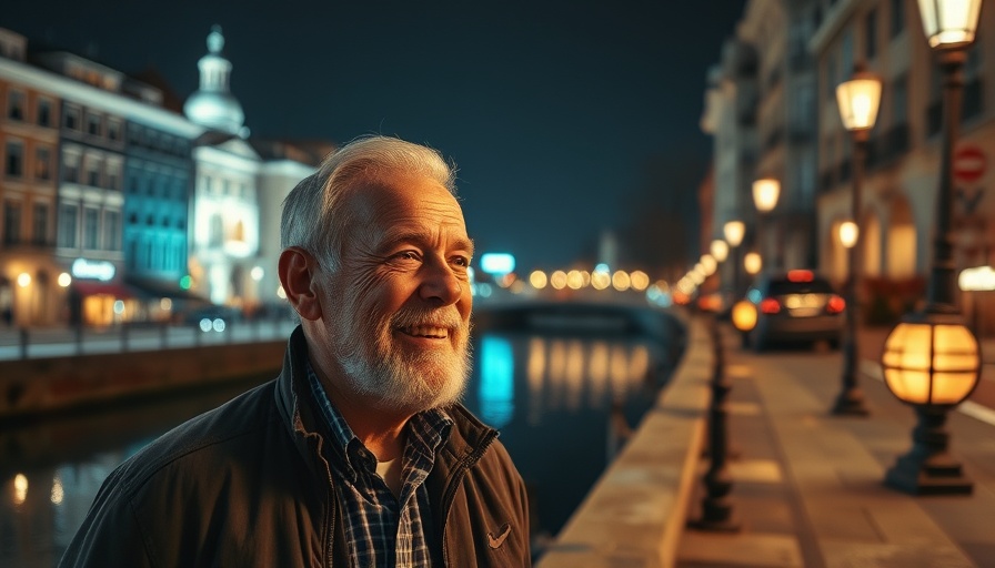 Man enjoying night view of canal in Netherlands, smiling.