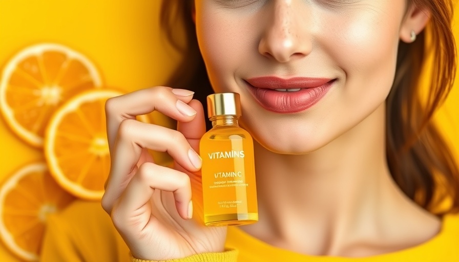 Young woman holding vitamin C serum with oranges, vibrant skincare theme.
