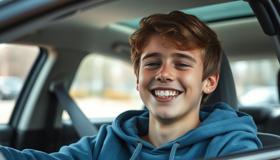 Teen in blue hoodie smiling in a car seat