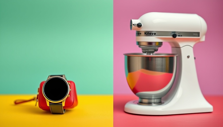 Modern smartwatch, red pouch, and white stand mixer as thoughtful gifts.
