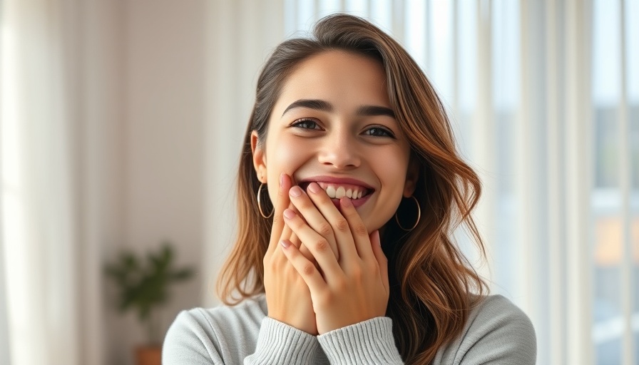 Joyful woman laughing in a bright room; menopause treatment and symptoms.