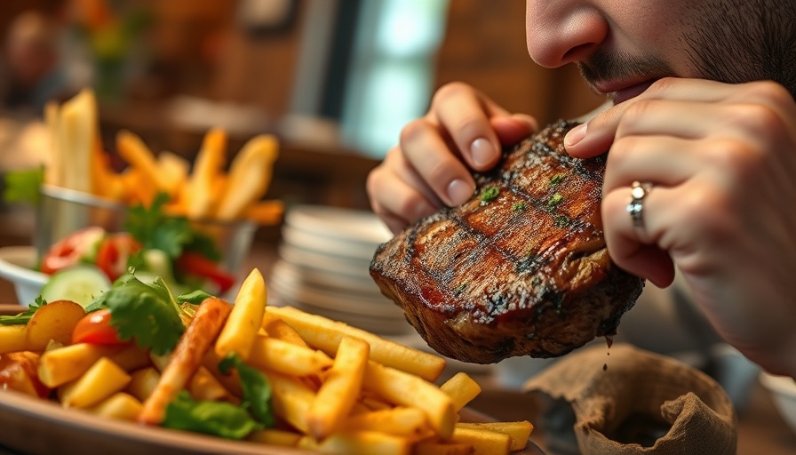 Person enjoying dinner steak and fries in cozy setting.