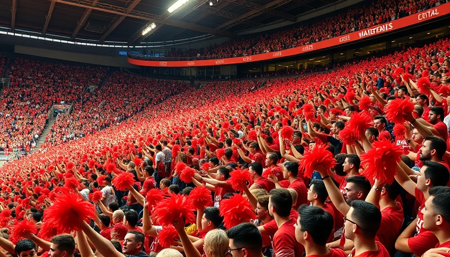 Excited fans in a stadium waving red pom-poms, depicting lively energy.
