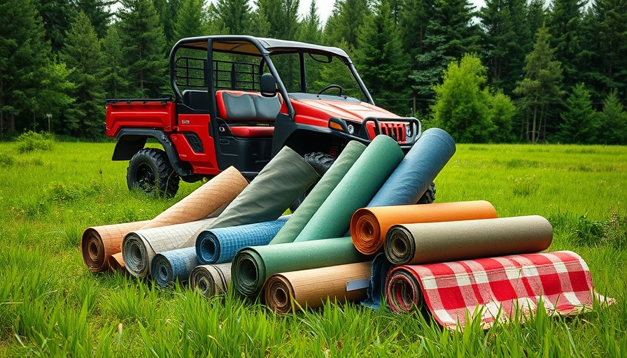 Various landscape fabric rolls by a utility vehicle in a lush field.