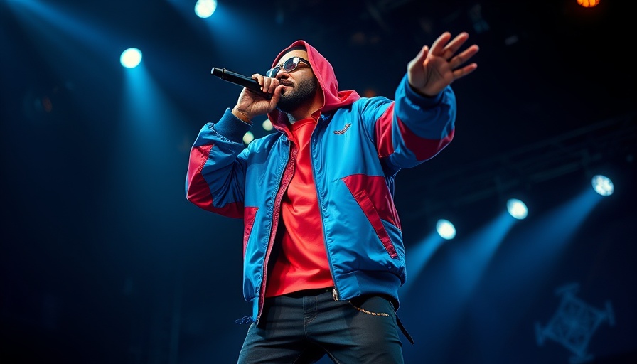Kendrick Lamar performs energetically on stage in vibrant attire.