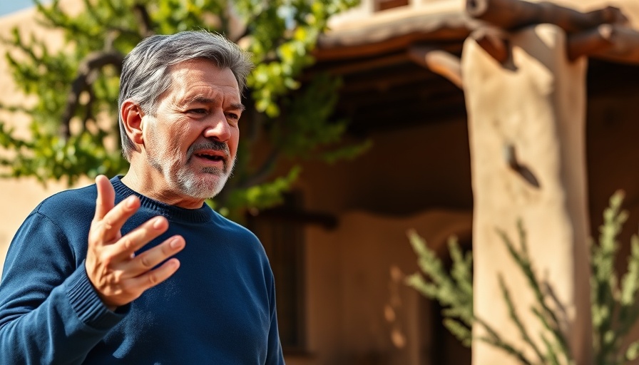 Man in front of adobe building during visit to New Mexico.