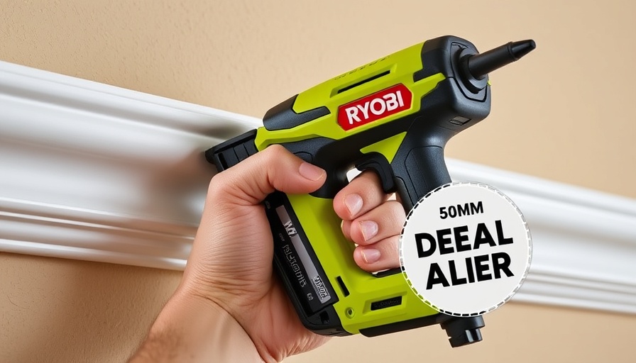 Ryobi brad nailer in hand with 'Deal Alert' badge.