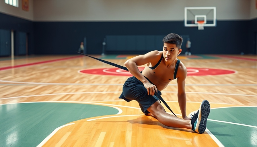 Athlete using strap for leg stretch to ease muscle soreness on basketball court.