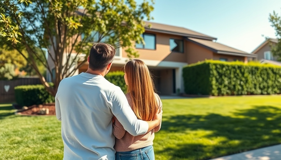 Couple embracing in front of modern house, lush greenery, 90s home decor trends.