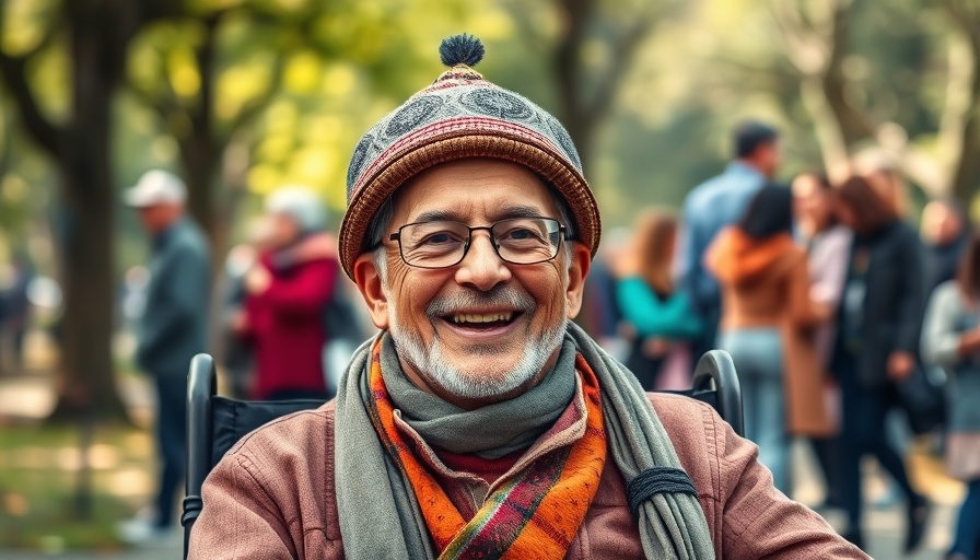 Smiling elderly man in wheelchair at outdoor gathering.