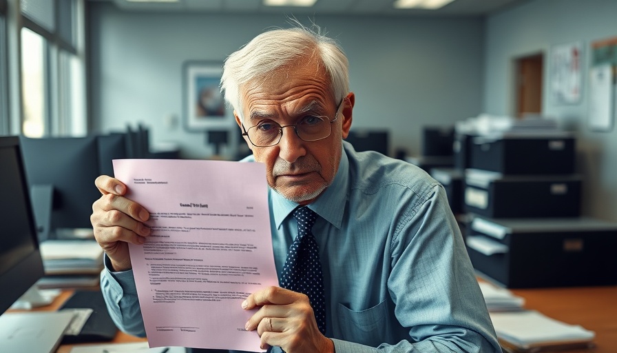 Worried older man in office with pink slip, late-career layoffs theme.