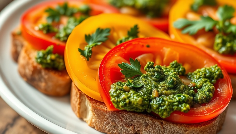 High-protein vegan breakfast toast with tomatoes and pesto.