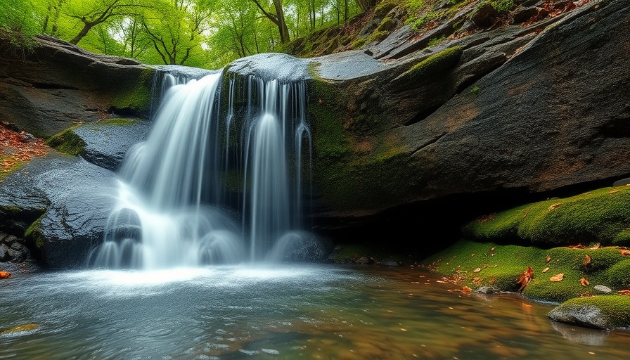 Washboard Falls at Camp Guyasuta with lush forest and rocky ledge.