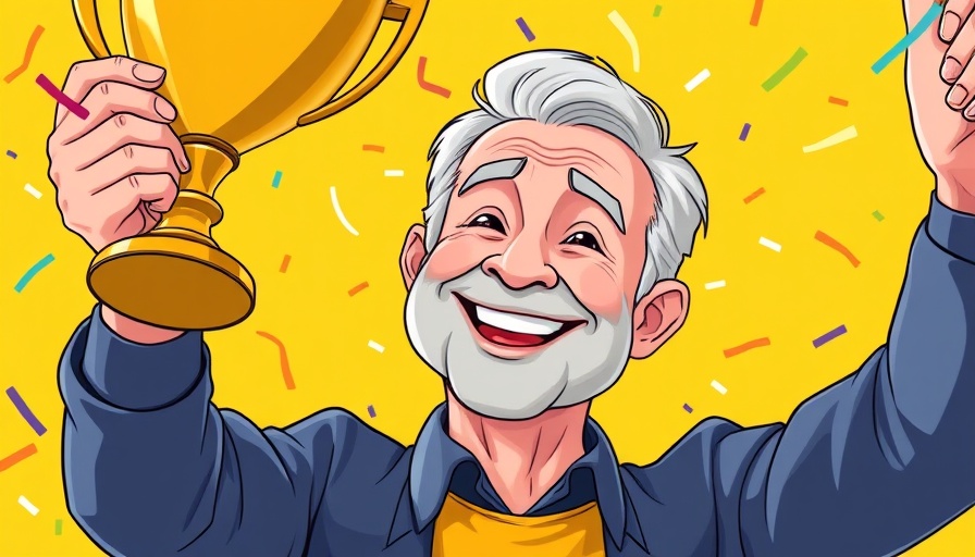 Cartoon older man celebrates winning Medicare plans with trophy.