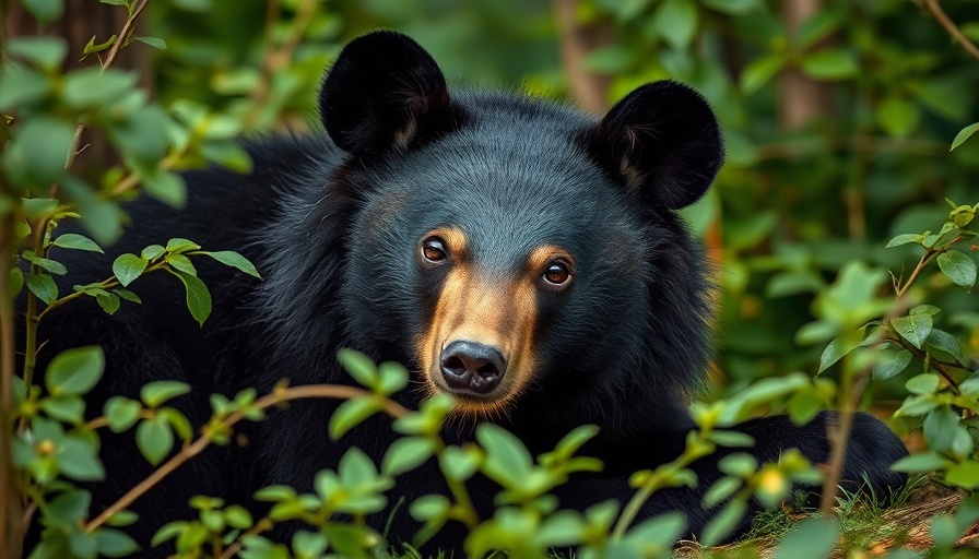 Curious black bear resting in Pennsylvania forest greenery.