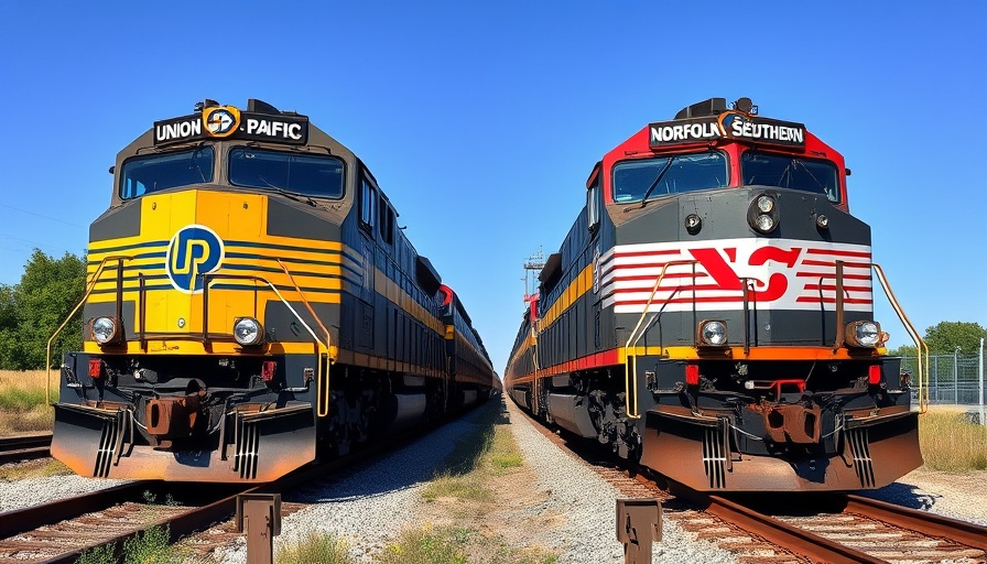 Union Pacific merger with Norfolk Southern depicted by two locomotives side by side.
