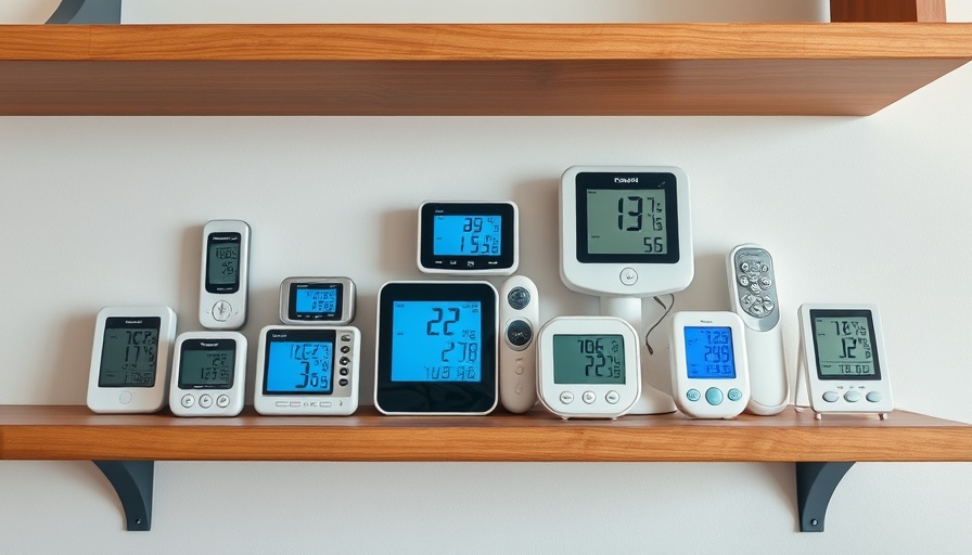 Variety of modern digital thermometers on a wooden shelf.