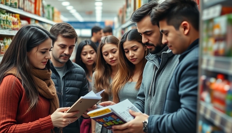 Diverse shoppers considering budget in supermarket aisle.