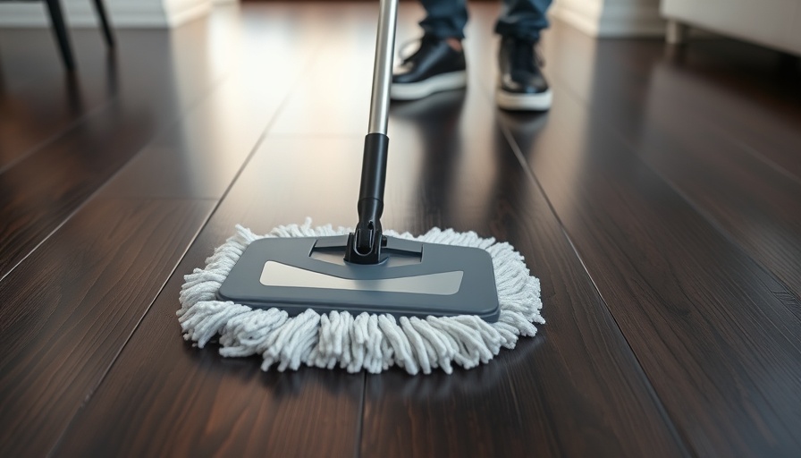 Close-up of mop cleaning vinyl plank floor.