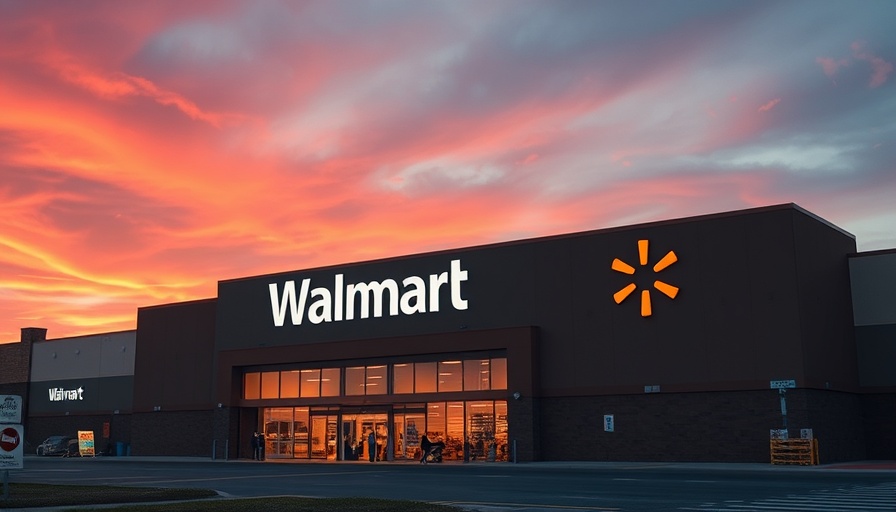 Walmart store exterior at sunset promoting patio furniture clearance.