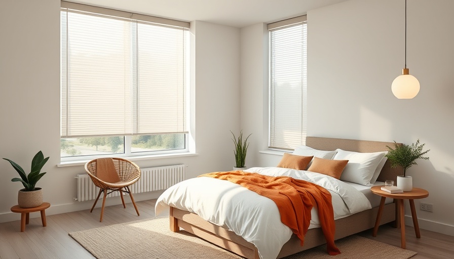 Modern bedroom with energy efficient shades, clean and calming design.