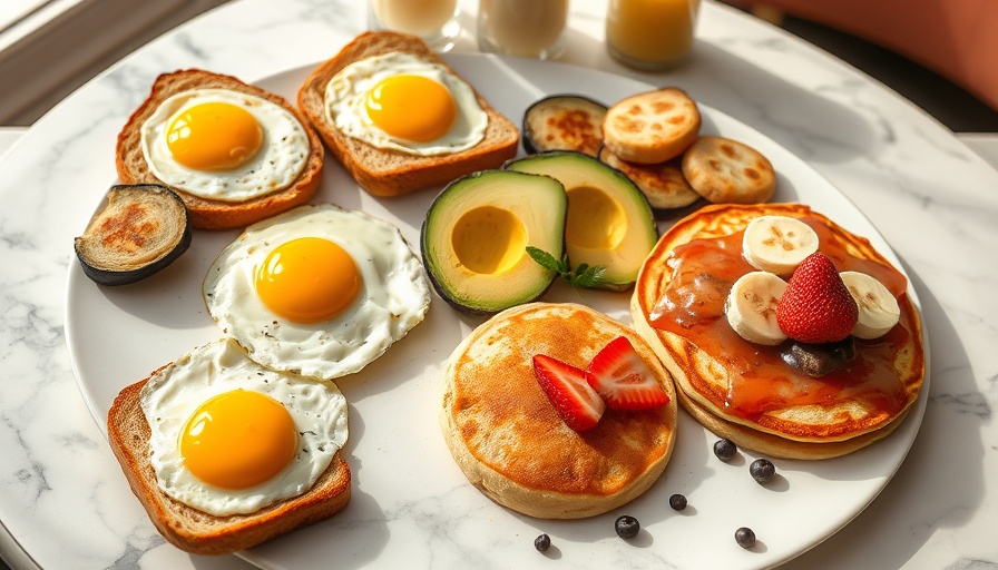 Heart-healthy breakfast spread with eggs and avocado.