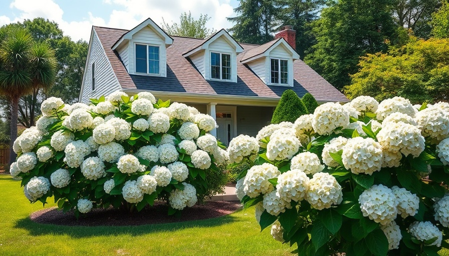 Suburban house with white hydrangeas, best shrubs for front of the house.