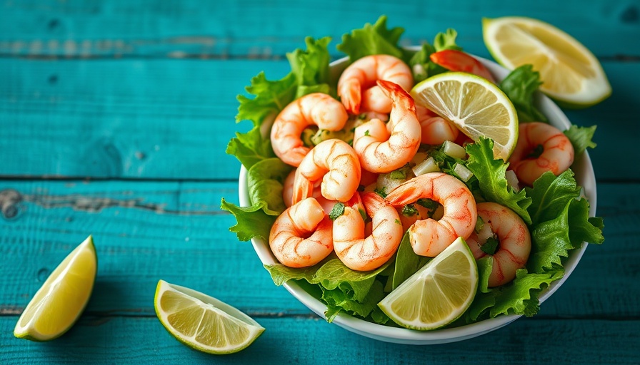 Fresh shrimp salad with avocado and lime on teal table, perfect protein combos for bagged salads.