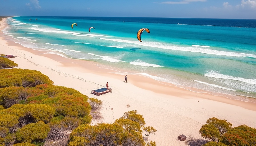 Aerial view of Aruba beach with kite surfers, vibrant turquoise waters.