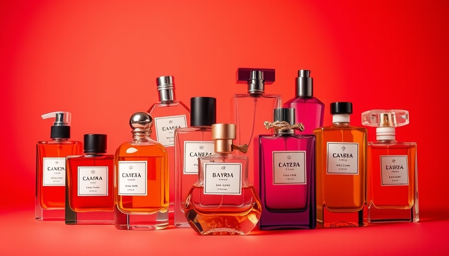 Spicy fragrances bottles on a vibrant red-orange background, photorealistic style.