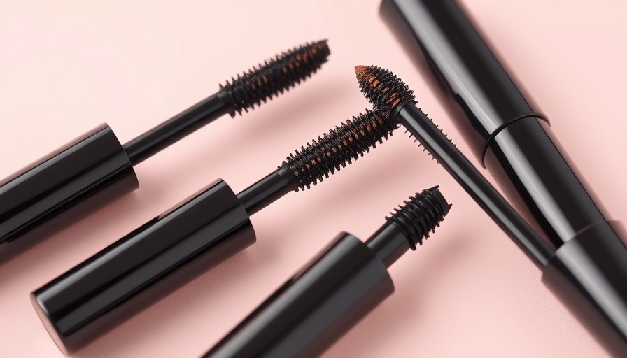 Three mascara tubes showcasing cocktailing black and brown mascaras on pastel.