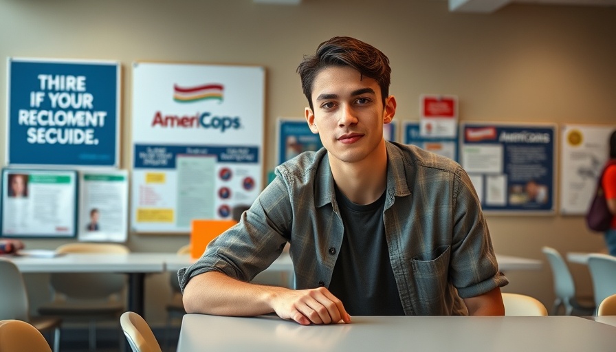 Casually dressed young man at AmeriCorps event, highlighting community impact.