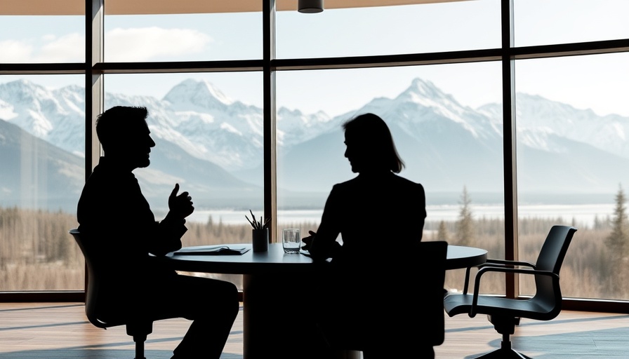 Silhouettes conversing in Alaskan conference room.