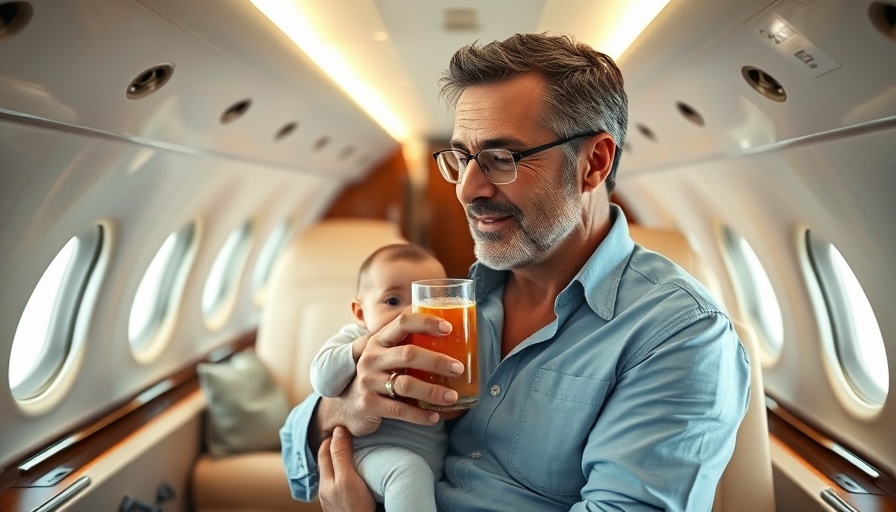 Free flight upgrades image featuring man with baby on a private jet.