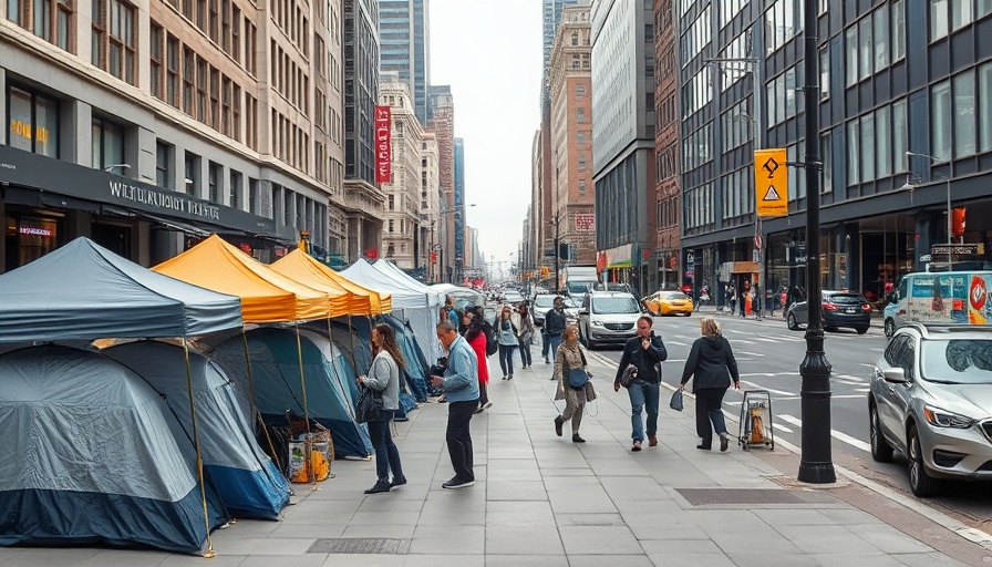 Urban scene with tents illustrating San Francisco homelessness strategy.