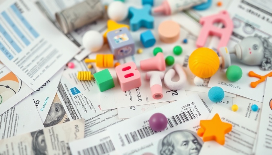 Abstract collage of financial documents with baby items, cost of surrogacy.
