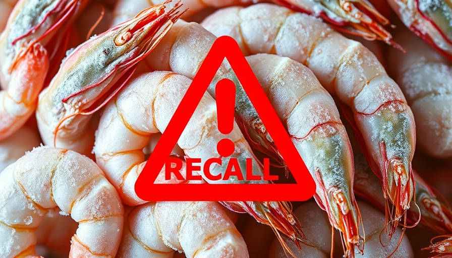 Radioactive shrimp warning with recall sign on frozen shrimp.