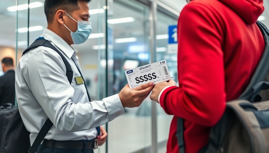 Security officer checking SSSS on boarding pass at airport.