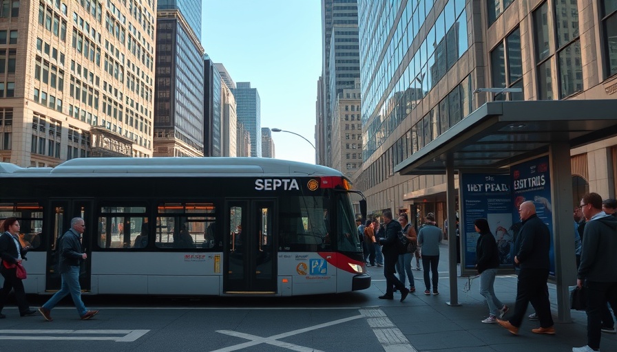 SEPTA bus parked at stop with commuters in Philadelphia.