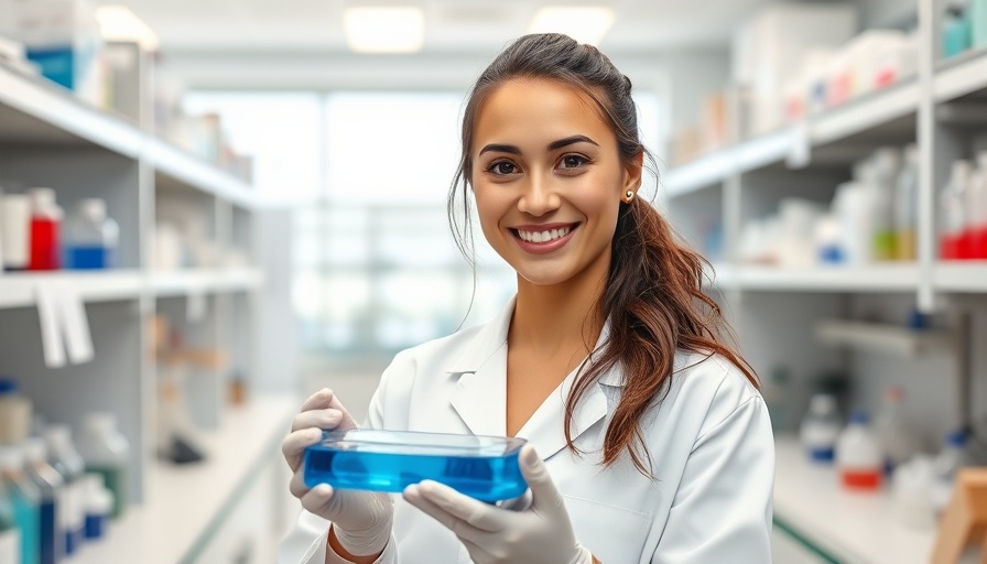 Childhood cancer survivor medical student in lab coat holding test plate.