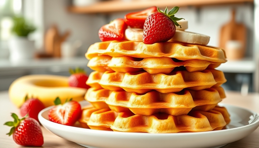 Golden waffles served with strawberries and bananas in a kitchen.