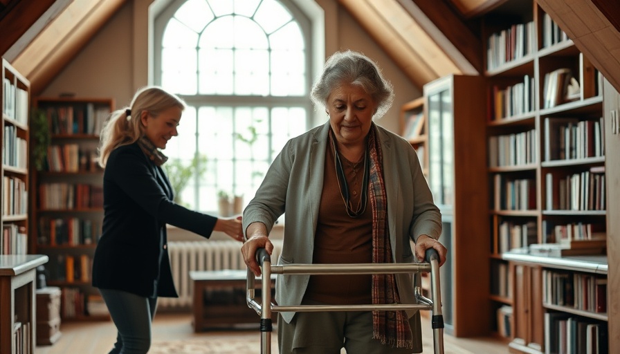 An elderly woman using a walker in a library lounge with assistance.