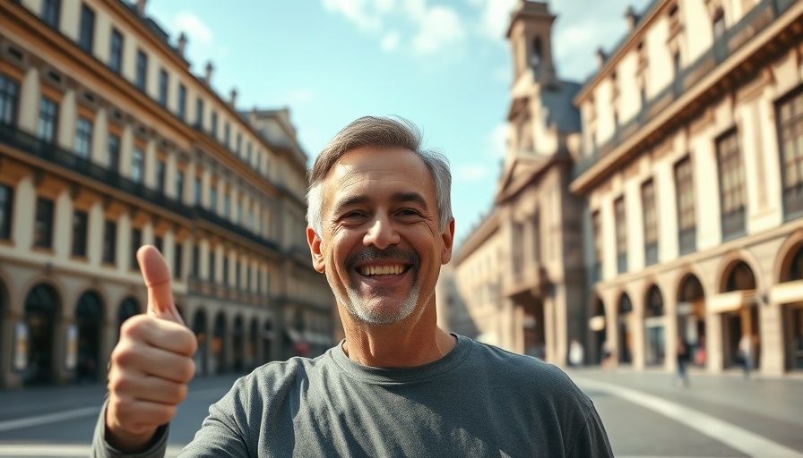 Middle-aged man smiling in a European plaza, thumbs up.