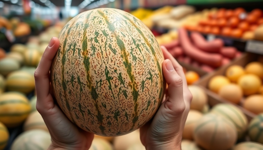 Examining a cantaloupe for ripeness in grocery store.