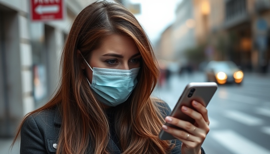 Woman wearing mask reads phone amid Covid-19 Stratus variant surge.