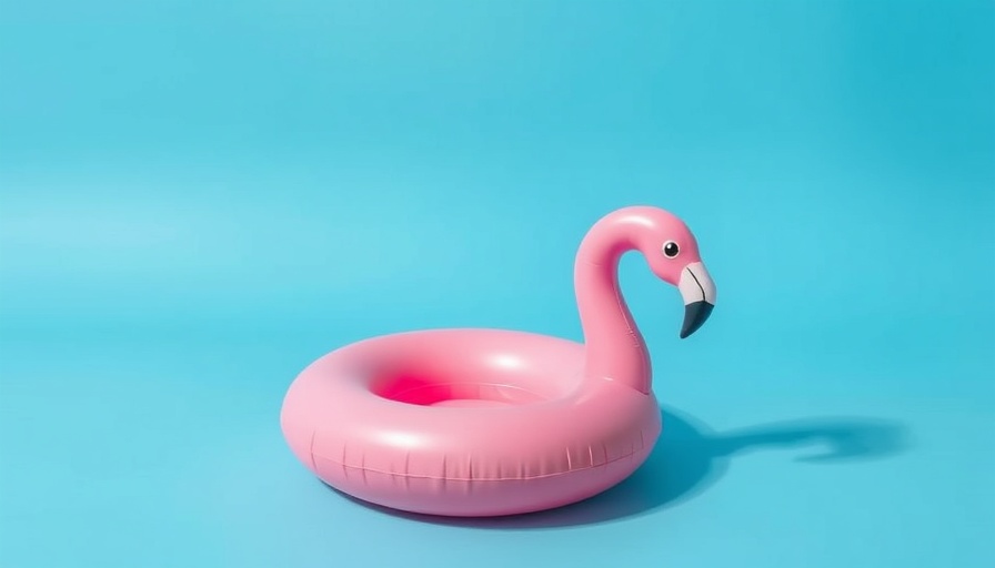 Deflated pink flamingo float on blue background symbolizing post-vacation blues.