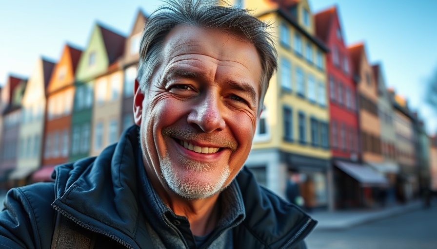 Close-up of smiling man in Europe with colorful buildings.