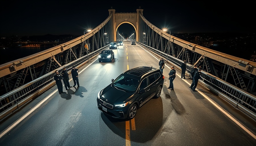 Suspected stolen SUV on Ben Franklin Bridge surrounded by police at night.