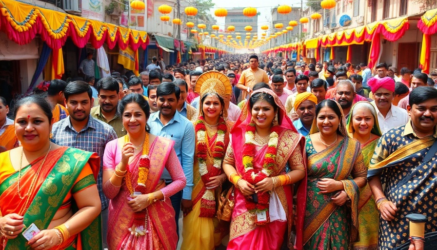 Traditional marriage parade with lively diverse crowd in vibrant attire.