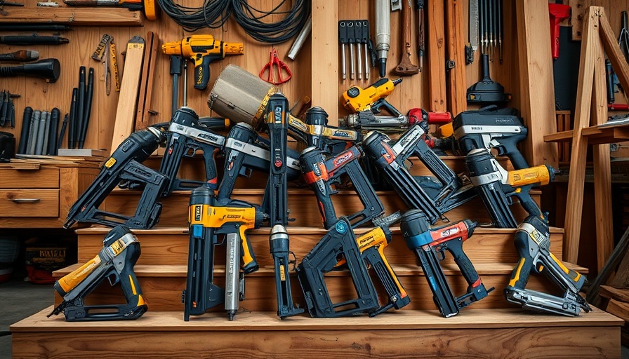 Assortment of best nail guns 2025 arranged in a workshop.